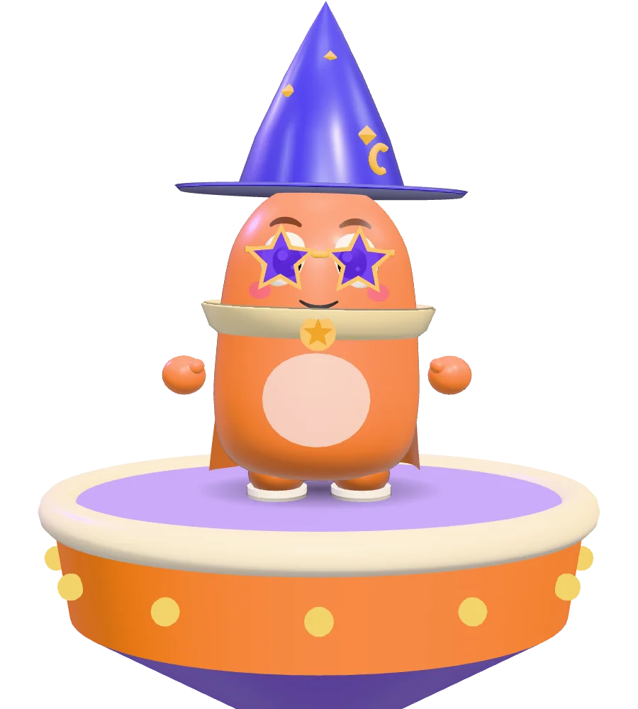 A Recess bean in a starry wizard hat, star shades and a cape, on a little stage.