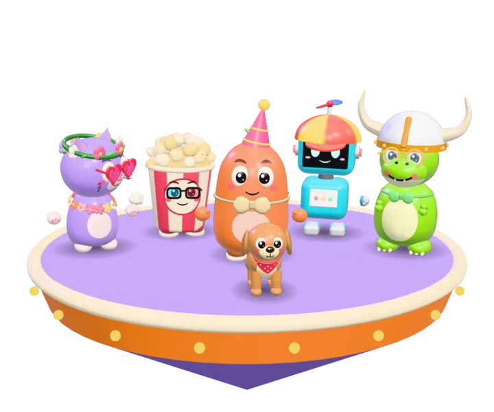 Five Recess characters, a cat, a popcorn tub, a bean, a robot and a dino, with a puppy, on a round stage.