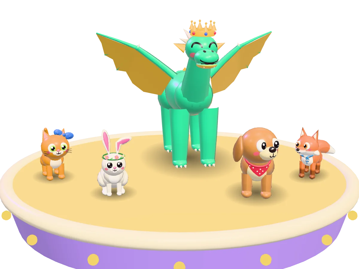 A kitty, a bunny, a baby dragon in a crown, a puppy and a fox on a yellow stage.
